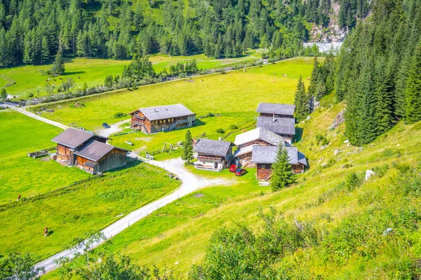 Idyllische alpine boerderij en weide — Stockfoto