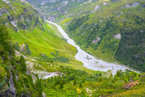 Smala vridna steniga bäck i alpin dal — Stockfoto