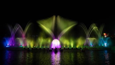 # Yılın kutlaması için dans eden renkli çeşme # # Karanlık gökyüzü arka planıyla #.