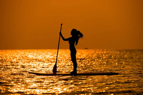 Silhouette sport girl stand up paddling on sup board or surfboard enjoy to play extreme sport on holidays at sunlight beach.