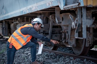 Demiryolu inşaatı, tren testleri ve tren istasyonundaki demiryolu çalışmalarını telsiz iletişimiyle kontrol ediyor. İş yerinde güvenlik üniforması ve güvenlik kaskı takan bir mühendis..