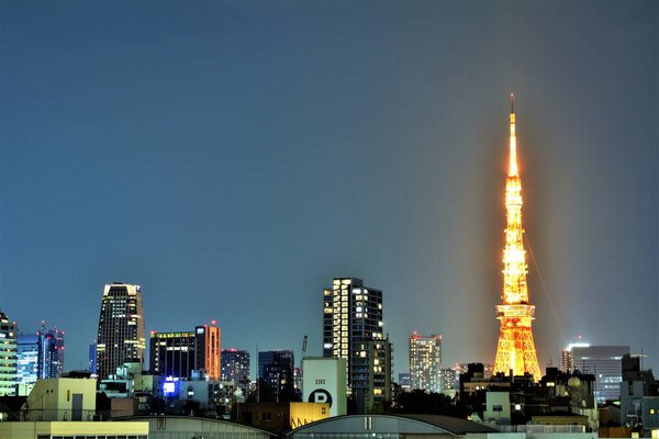 Illuminated Tokyo Tower under the night sky of Shiba-koen district in Minato