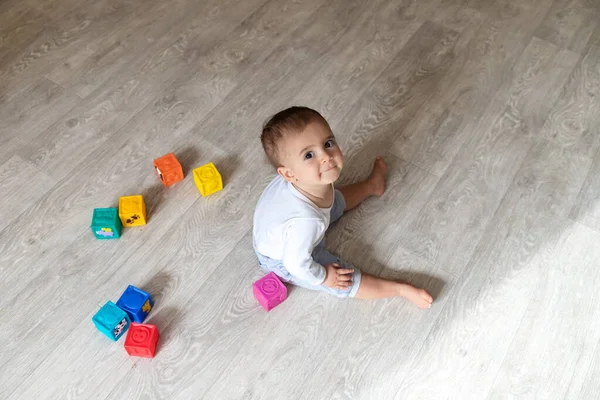 Baby Playing Blocks Little Boy White Bodysuit Home Beautiful Portrait — Stock Photo, Image