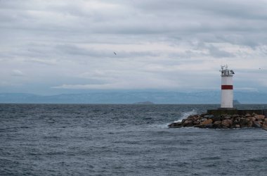 Türkiye 'nin İstanbul kentinde bulutlu bir günde deniz fenerinin manzarası. Dalgakıranlardaki deniz fenerlerinden biri. Reklam pankartı ya da fotokopi alanı olan poster. Uçan martılar. Boğaz Boğazı, Marmara Denizi, Karadeniz.