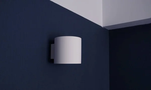 Modern metal white wall lamp. Wall lamp up/downlighter shine. White lamp on a blue wall. Wall Lights. Free space and decor in the interior. Minimalism.