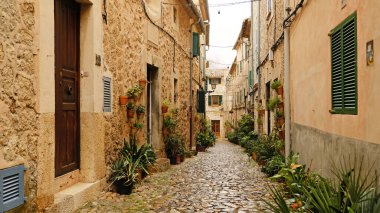 Valldemossa 'da kır taşı evleri ve yeşil kepenkleri olan dar bir kaldırım taşı caddesi. Geleneksel Mallorcan köy sokağı saksı bitkileriyle süslenmiş..