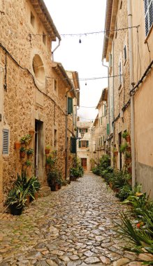 Valldemossa 'da kır taşı evleri ve yeşil kepenkleri olan dar bir kaldırım taşı caddesi. Geleneksel Mallorcan köy sokağı saksı bitkileriyle süslenmiş..