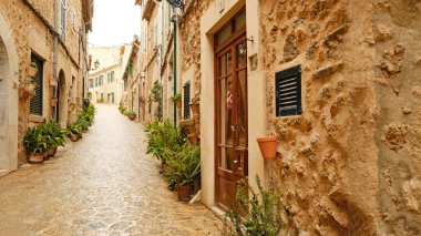 Valldemossa 'da kır taşı evleri ve yeşil kepenkleri olan dar bir kaldırım taşı caddesi. Geleneksel Mallorcan köy sokağı saksı bitkileriyle süslenmiş..