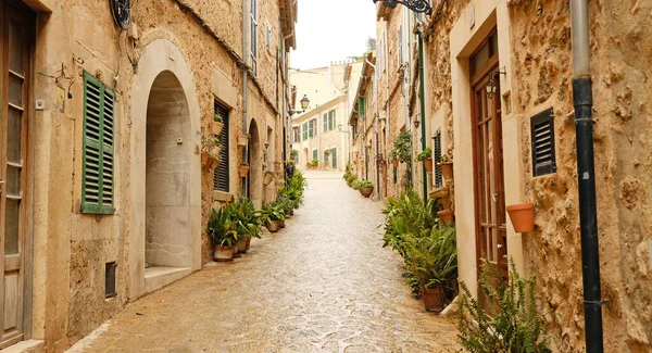 Valldemossa 'da kır taşı evleri ve yeşil kepenkleri olan dar bir kaldırım taşı caddesi. Geleneksel Mallorcan köy sokağı saksı bitkileriyle süslenmiş..