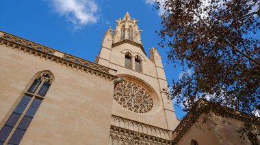 Gökyüzüne karşı yüksek kulesi, gül penceresi ve taş süslemeleri olan gotik bir kilise cephesi. Seyahat, mimari, din ve Avrupa mirası görselleri.