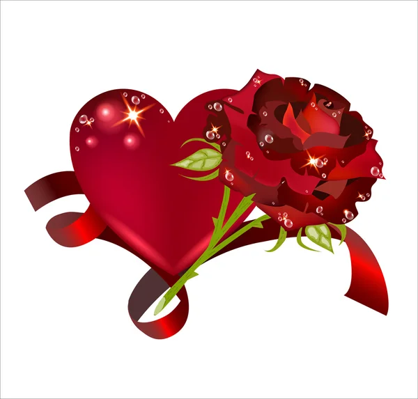 Krásné srdce s růží prokládaný s červenou stuhou. Elementárního — Stockový vektor
