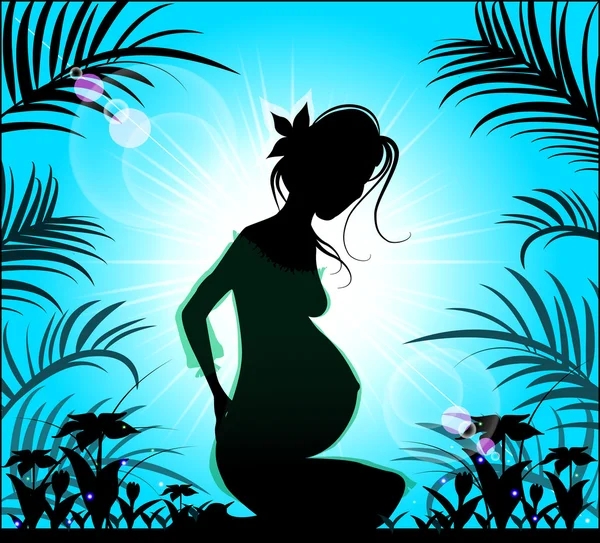 Silueta de una hermosa mujer embarazada sobre un fondo de azul — Vector de stock