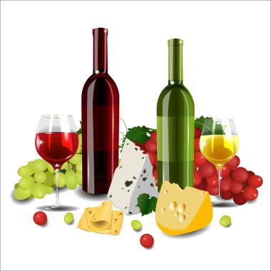 Kırmızı ve beyaz şarap şişeleri ve gözlük, farklı türde gr