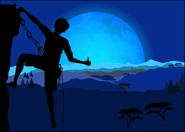Silhouette of climber showing thumb up against the night mountai — Stock Vector