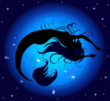 Silhouette jumped out of the water mermaid, on a background of b clipart
