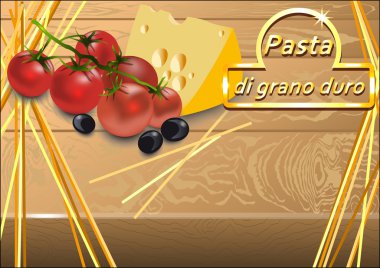 Spagetti, cherry domates, zeytin ve ahşap backgrou peynir