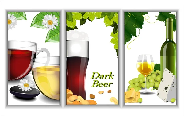 Набор баннеров, изображающих различные напитки: пиво, вино и чай . — стоковый вектор