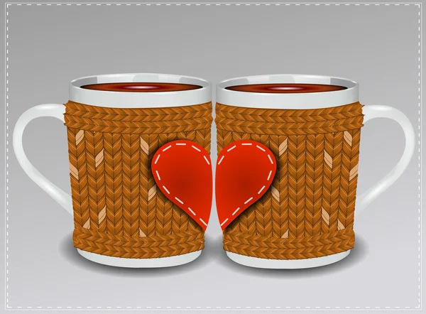 Dos tazas en un suéter decorado con corazones. Día de San Valentín . — Archivo Imágenes Vectoriales