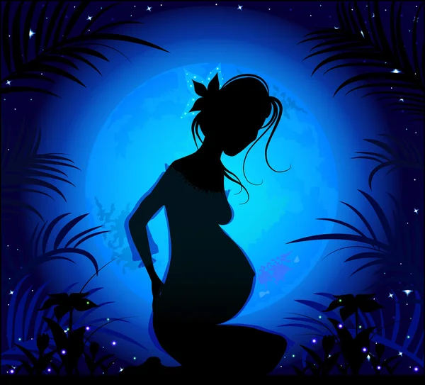 Silhouette of a beautiful pregnant woman on a background of the — Stock Vector