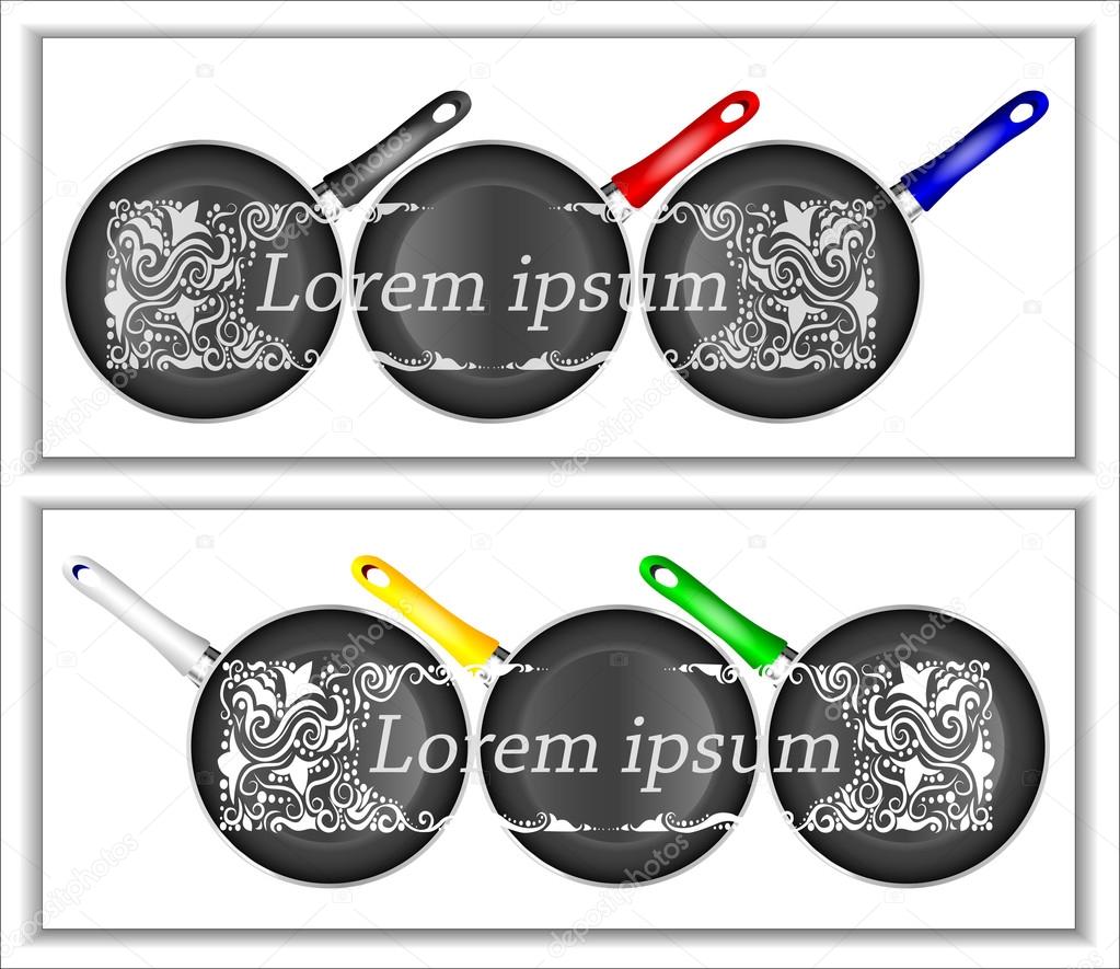 Vector image of frying pans of different color design.