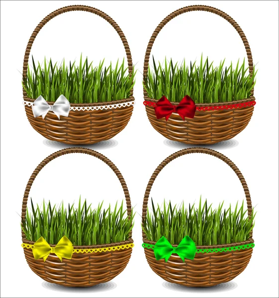 Green grass in a beautiful green basket with a bow. Set of four — Stock Vector