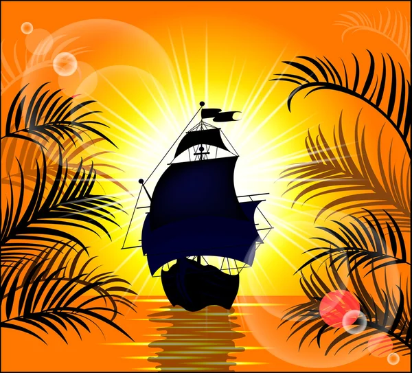 Hermoso barco en el fondo de la maravillosa puesta del sol — Vector de stock