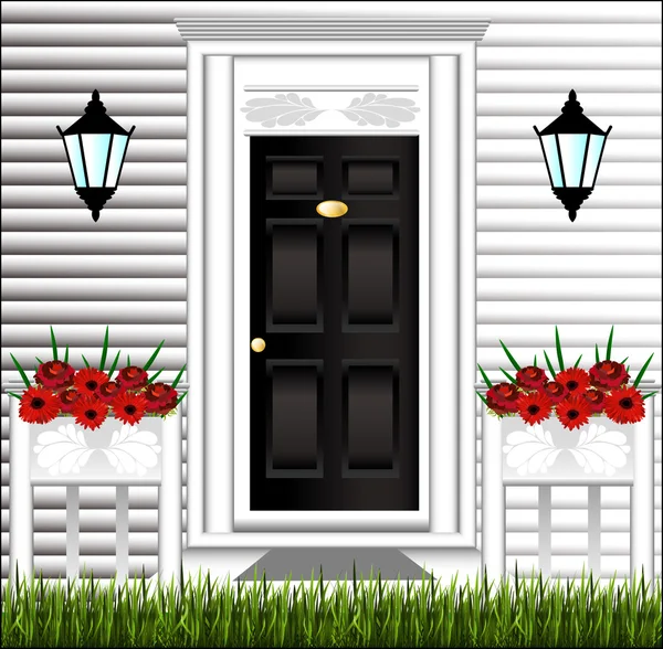 Pohled na přední dveře, roztomilý květináč a trávníku na hous Stock Vektory