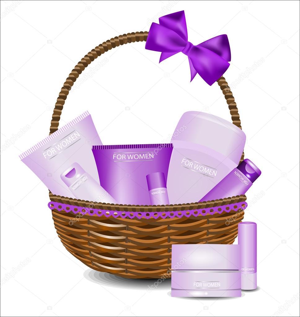 Set of different beauty products in a wicker basket. For women.