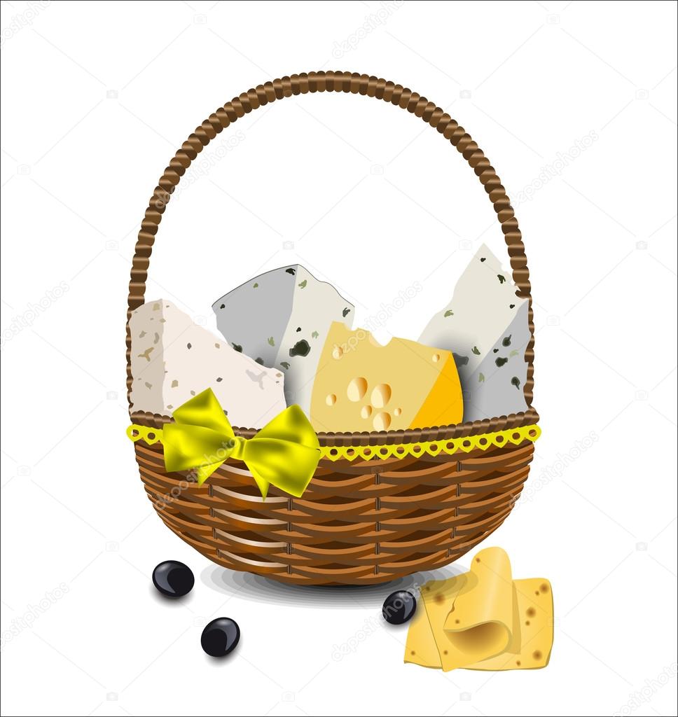 Set of different types of cheese in a wicker basket. Vector illu