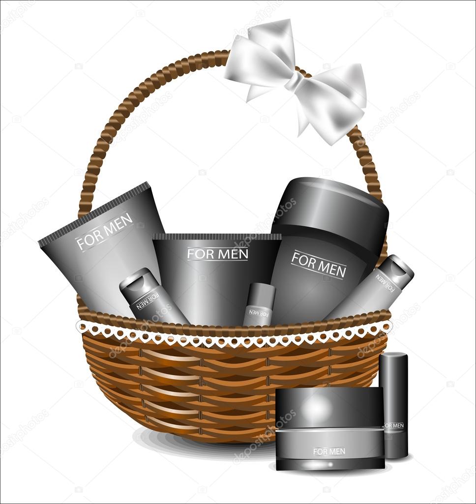 Set of different beauty products in a wicker basket. For men.