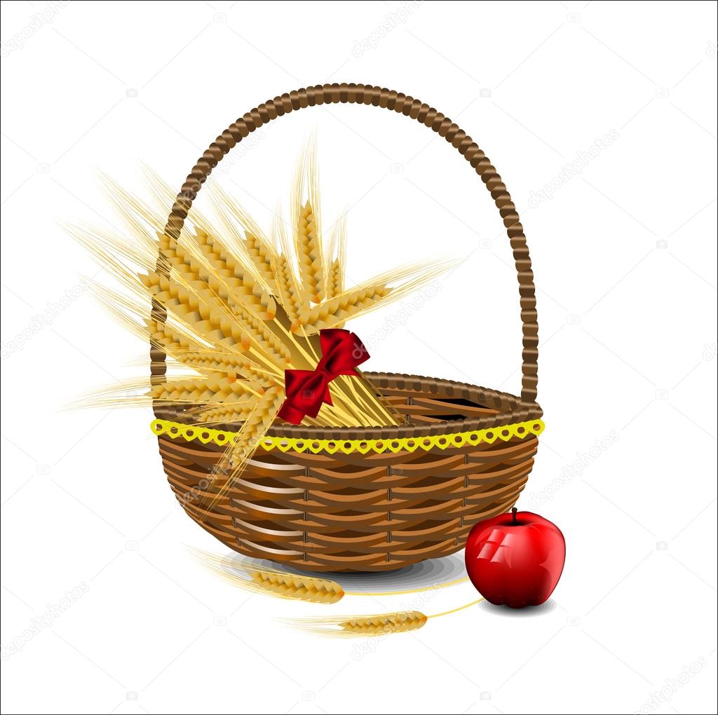 Sheaf of wheat ears in a wicker basket with red apples