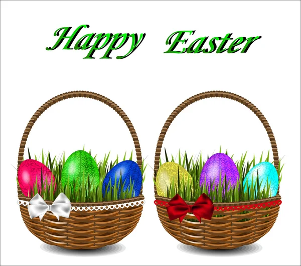 Œufs de Pâques colorés dans un panier en osier avec un arc . — Image vectorielle