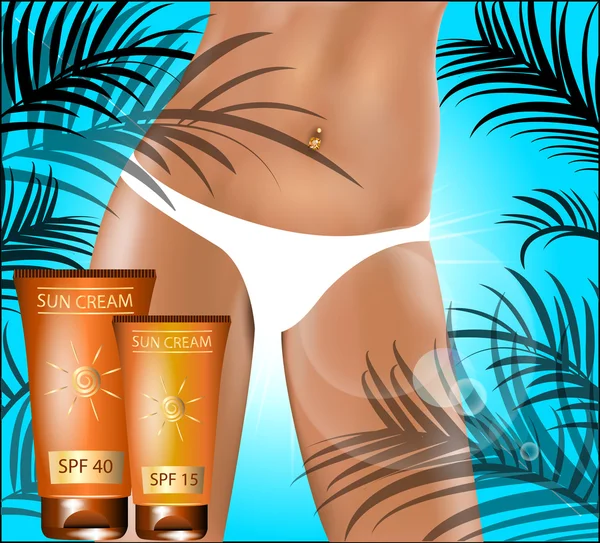 Zonnebrandcrème. Suntanned vrouwelijke hip. Vectorillustratie. — Stockvector