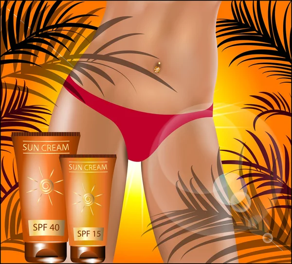 Zonnebrandcrème. Suntanned vrouwelijke hip. Vectorillustratie. — Stockvector