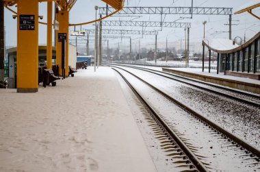 15 Aralık 2019 'da Zhdanovichi şehrindeki Belarus tren istasyonunda kar yağışı