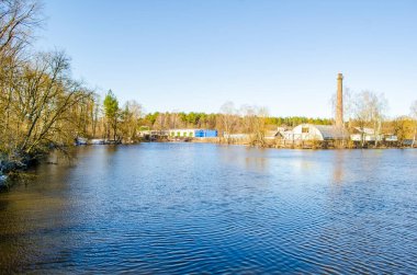 Orman ve köy yakınlarındaki mavi göl manzarası