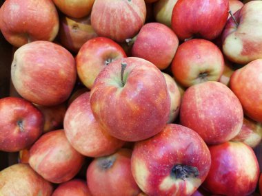 Raflarda taze büyük kırmızı elmalar