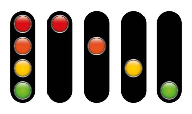 Dört renkli trafik ışığı yeşil turuncu kırmızı ölçekli alarm seviyesi bilgi grafikleri