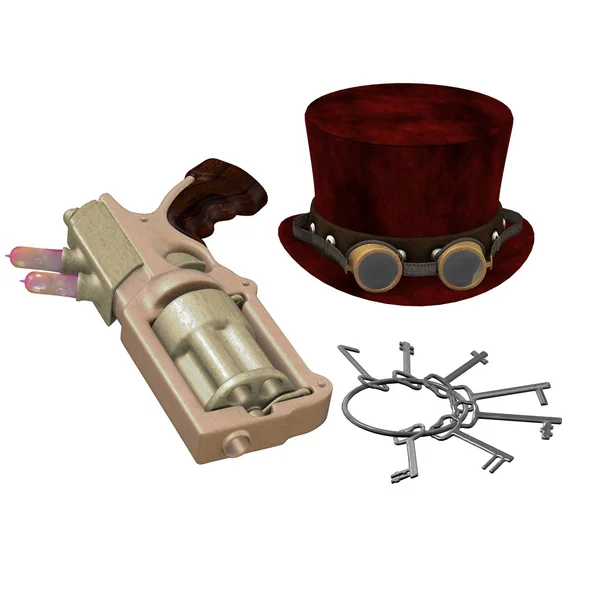 Steampunk Hat Goggles Gun Keys — Stock Photo, Image