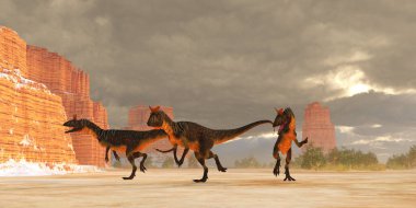 Bir Cryolophosaurus theropod sürüsü Jurassic Dönemi boyunca çölde av peşindedir..