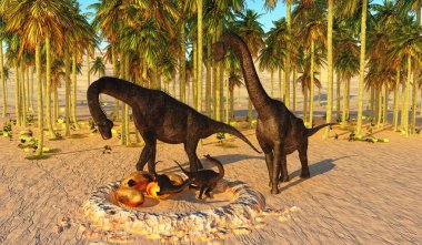 İki Brachiosaurus ebeveyni, yavrularının bir yuvada yumurtadan çıkışını seyrediyor..