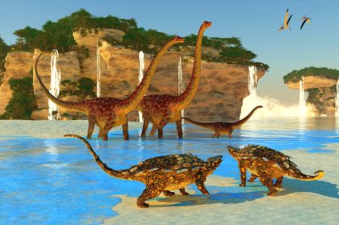 Pteranodon sürüngenleri Diplodocus ve Gargoyleosaurus dinozorlarıyla dolu bir Kuzey Amerika kıyı şeridinde uçar..