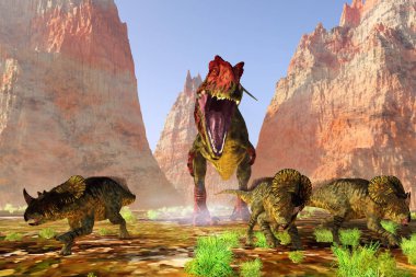 Birkaç Brachyceratops dinozoru, bir Giganotosaurus peşlerinden geldiğinde hayatlarını kurtarmak için kaçarlar..
