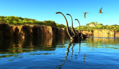 Omeisaurus dinosaurs wade through a river to munch on tree foliage as Rhamphorhynchus reptiles fly nearby. clipart