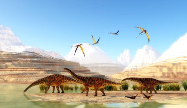 Rhamphorhynchus Pterosaur 'lar bir kum tepesinde dinlenirken bir sauropod Spinophorosaurus dinozoru sürüsü bataklıktan su içmek için geliyor..