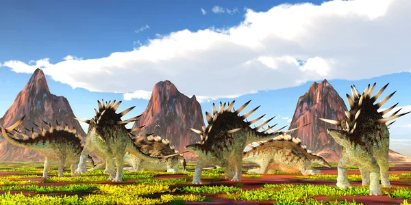 Una Mandria Dinosauri Erbivori Del Kentrosaurus Nutre Riposa Sotto Montagne — Foto Stock