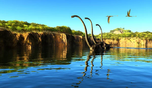 Omeisaurus Dinosaurs Patauger Dans Une Rivière Pour Grignoter Sur Feuillage — Photo