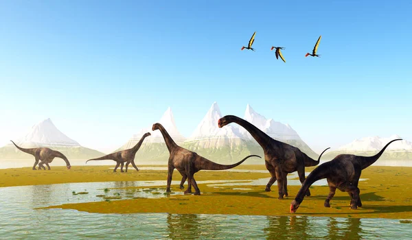 Dsungaripterus Pterosaur 'lar otçul Brontomerus dinozorları sürüsünün üzerinden uçarak düşük yetişen bitki örtüsünü yerler..