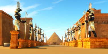 Statues of Egyptian gods line a street in ancient Egypt including Amun, Anubis, Hathor, Horus, Maat, and Ra. clipart