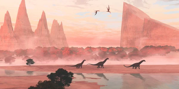 Anhanguera Pterosaurs Fly Alamosaurus Sauropod Dinosaurs Walking Banks River Cretaceous — Stock Photo, Image